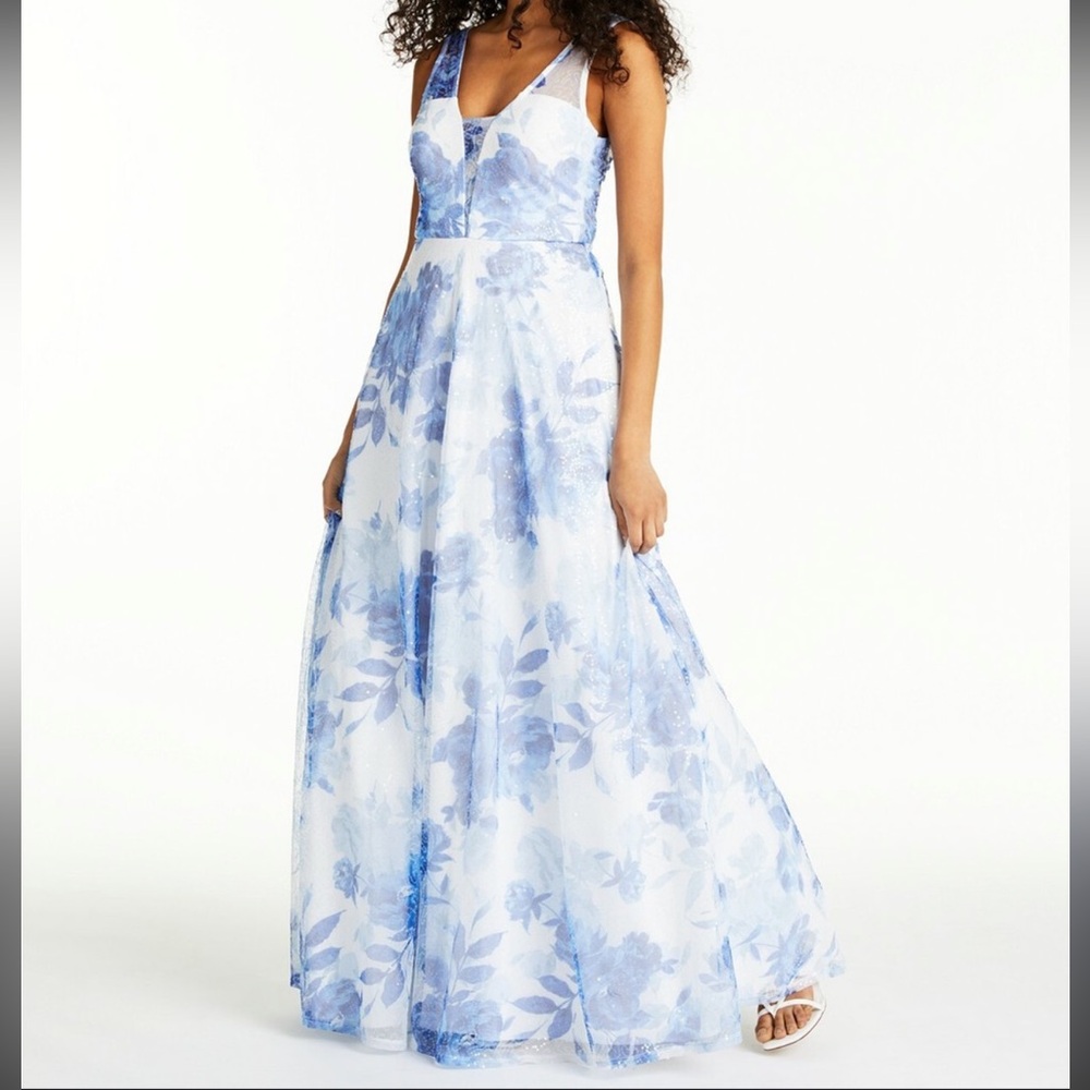 TRIXXI Juniors Blue White Floral Sequin Prom Evening Maxi Dress Size 1